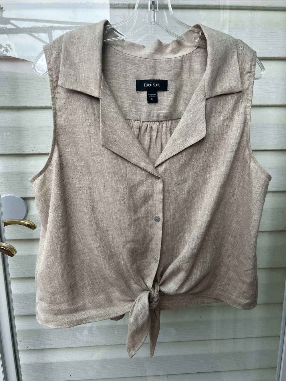 Karen Kane Linen-Blend Sleeveless Tie-Front Top in Taupe